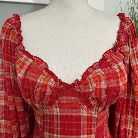 Free People Cherry Bomb Balloon Sleeve Madras Plaid Top Red Hot Medium Milkmaid - Picture 3 of 11